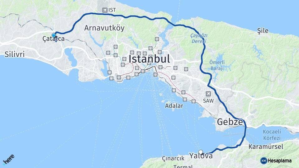 İstanbul Çatalca Yalova Arası Kaç Km - Yol Haritası