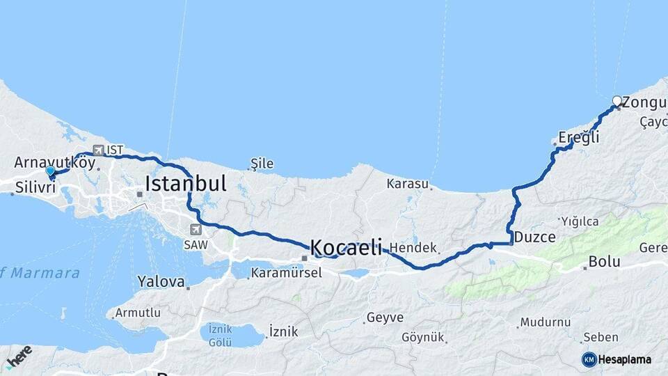 İstanbul Çatalca Zonguldak Arası Kaç Km - Yol Haritası