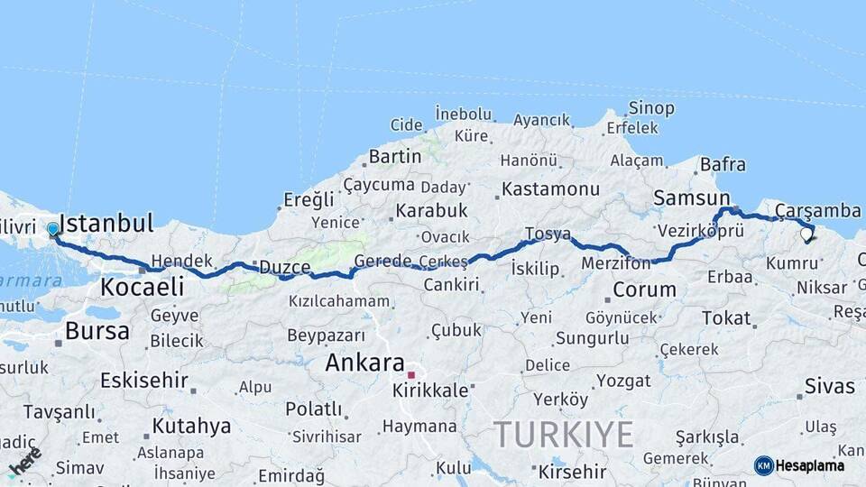 İstanbul Çaybaşı Ordu Arası Kaç Km - Yol Haritası