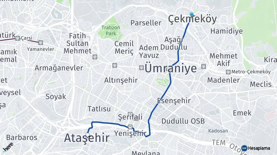 İstanbul Çekmeköy Ataşehir Arası Kaç Km - Yol Haritası