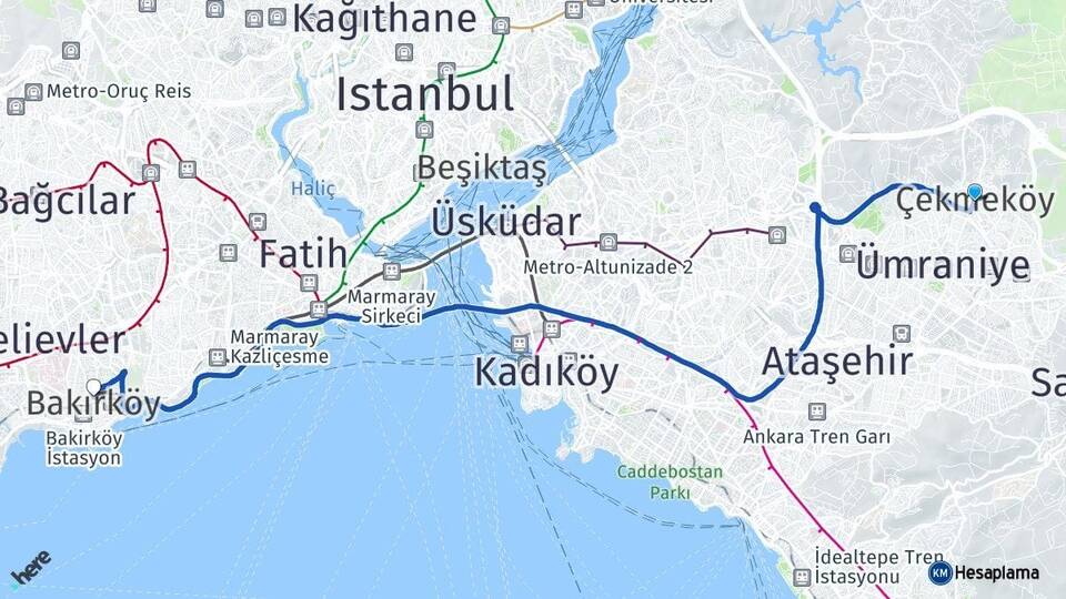 İstanbul Çekmeköy Bakırköy Arası Kaç Km - Yol Haritası