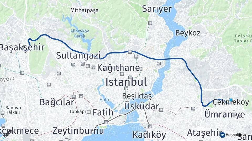 İstanbul Çekmeköy Başakşehir Arası Kaç Km - Yol Haritası