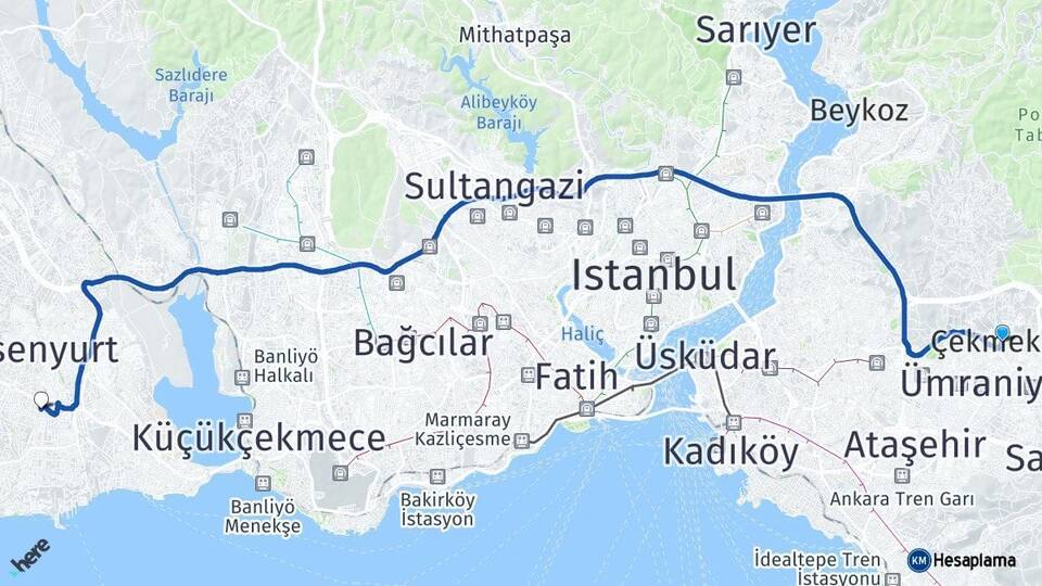 İstanbul Çekmeköy Beylikdüzü Arası Kaç Km - Yol Haritası