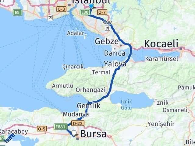 İstanbul Çekmeköy Çekirge Osmangazi Bursa Arası Kaç Km - Yol Haritası
