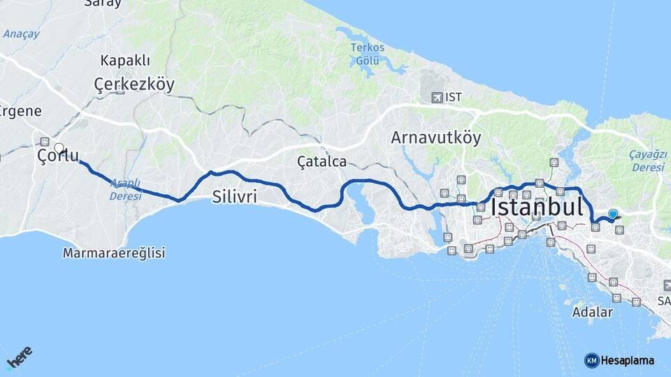 İstanbul Çekmeköy Çorlu Tekirdağ Arası Kaç Km - Yol Haritası