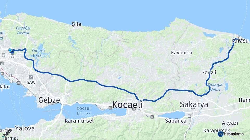 İstanbul Çekmeköy Karasu Sakarya Arası Kaç Km - Yol Haritası