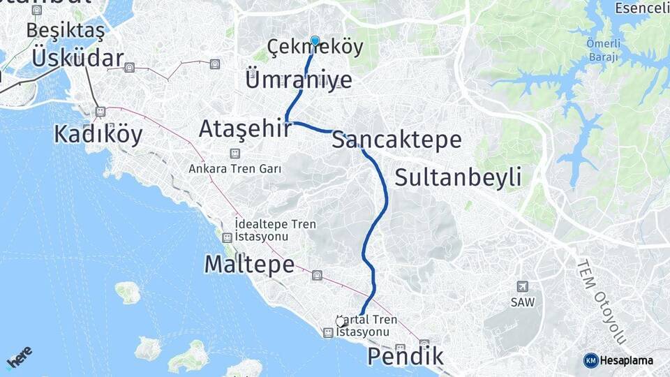 İstanbul Çekmeköy Kartal Arası Kaç Km - Yol Haritası