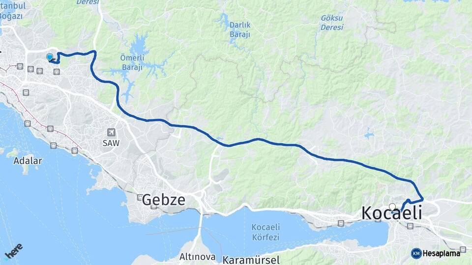 İstanbul Çekmeköy Kocaeli Arası Kaç Km - Yol Haritası