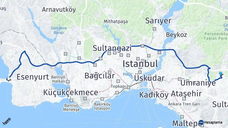 İstanbul Çekmeköy Taşdelen Büyükçekmece Arası Kaç Km - Yol Haritası