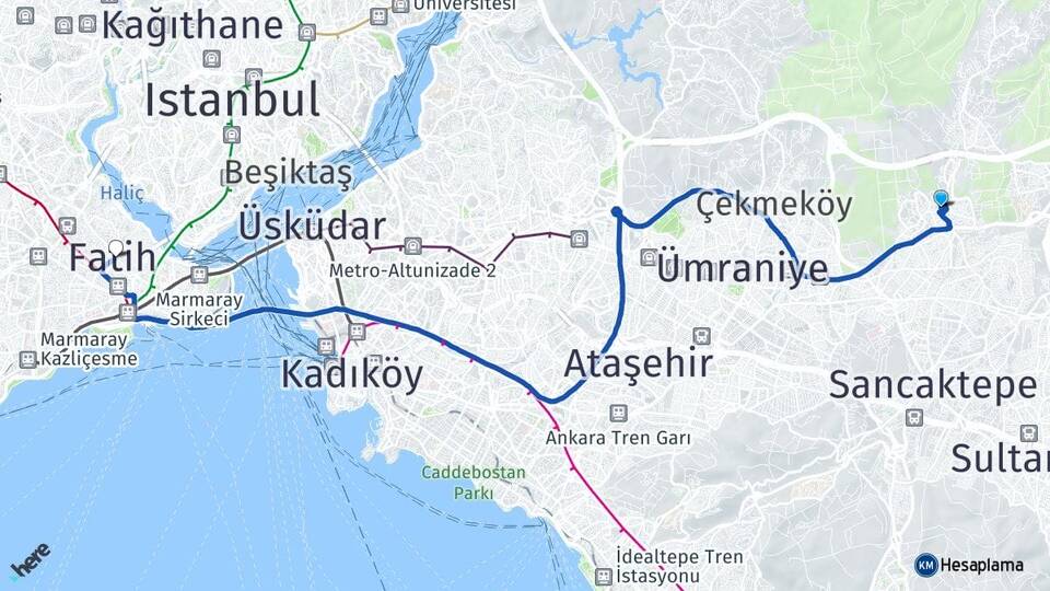 İstanbul Çekmeköy Taşdelen Fatih Arası Kaç Km - Yol Haritası