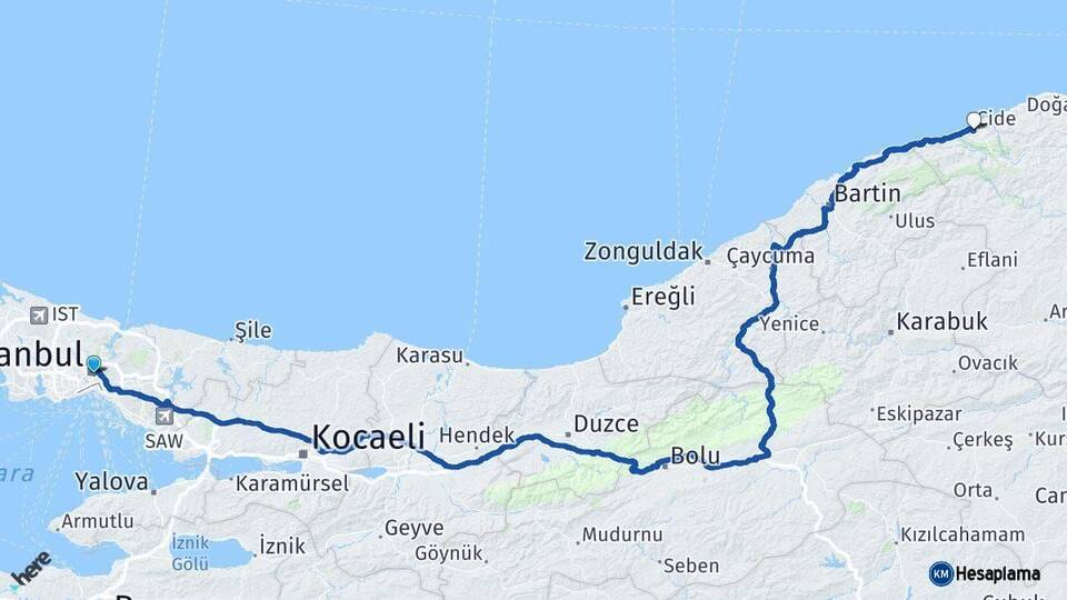 İstanbul Cide Kastamonu Arası Kaç Km - Yol Haritası