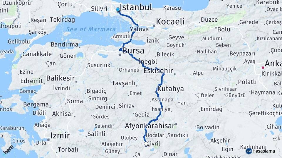 İstanbul Çivril Denizli Arası Kaç Km - Yol Haritası