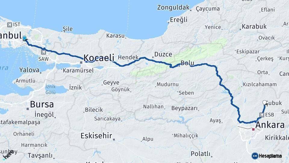 İstanbul Çubuk Ankara Arası Kaç Km - Yol Haritası