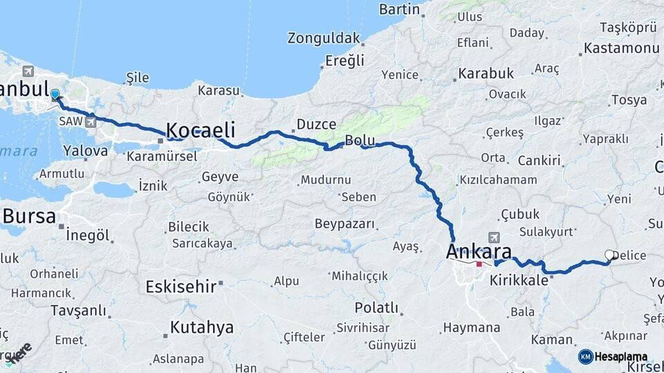 İstanbul Delice Kırıkkale Arası Kaç Km - Yol Haritası