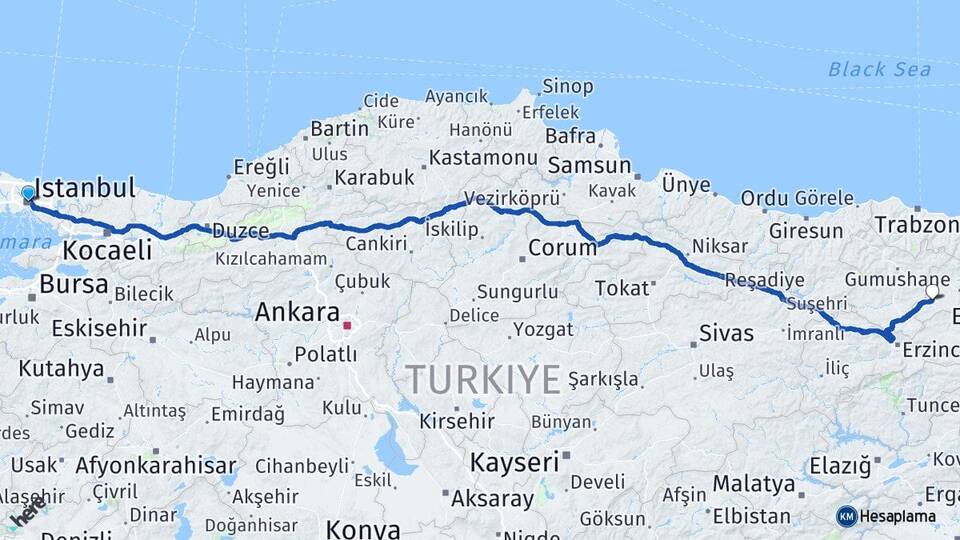 İstanbul Demirözü Bayburt Arası Kaç Km - Yol Haritası