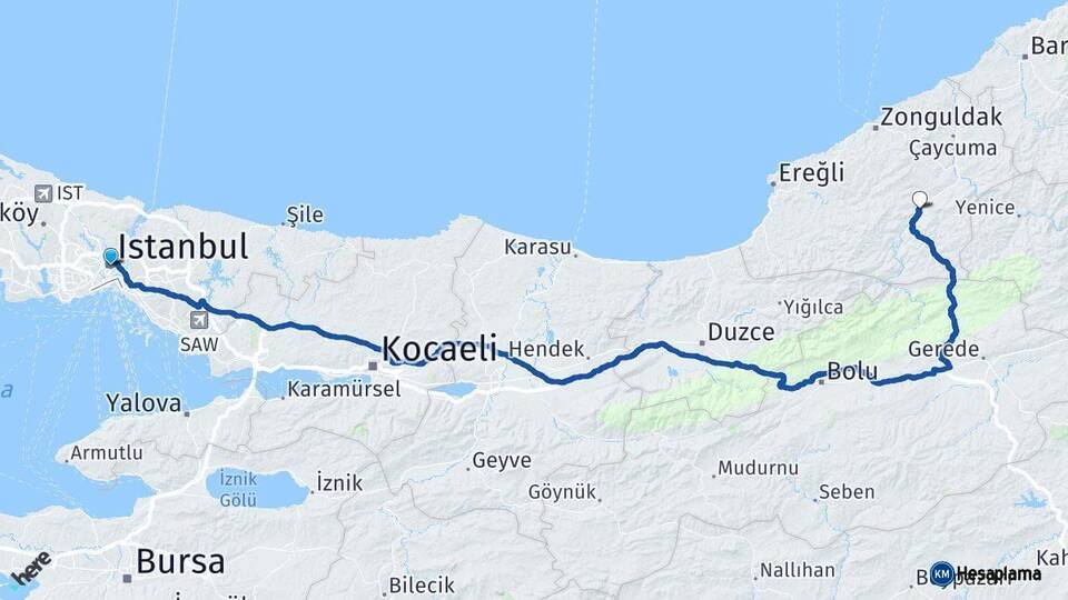 İstanbul Devrek Zonguldak Arası Kaç Km - Yol Haritası