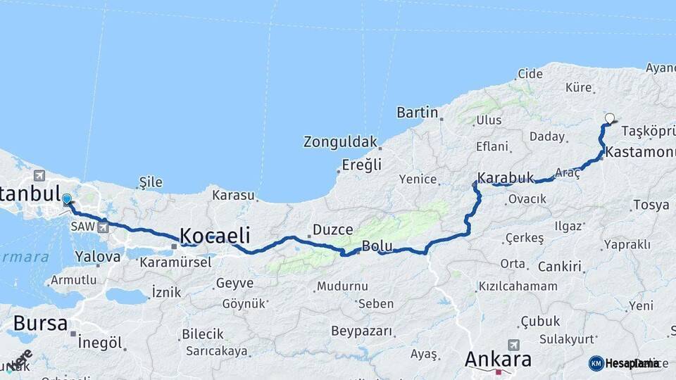 İstanbul Devrekani Kastamonu Arası Kaç Km - Yol Haritası