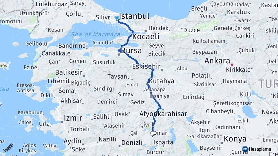 İstanbul Dinar Afyonkarahisar Arası Kaç Km - Yol Haritası