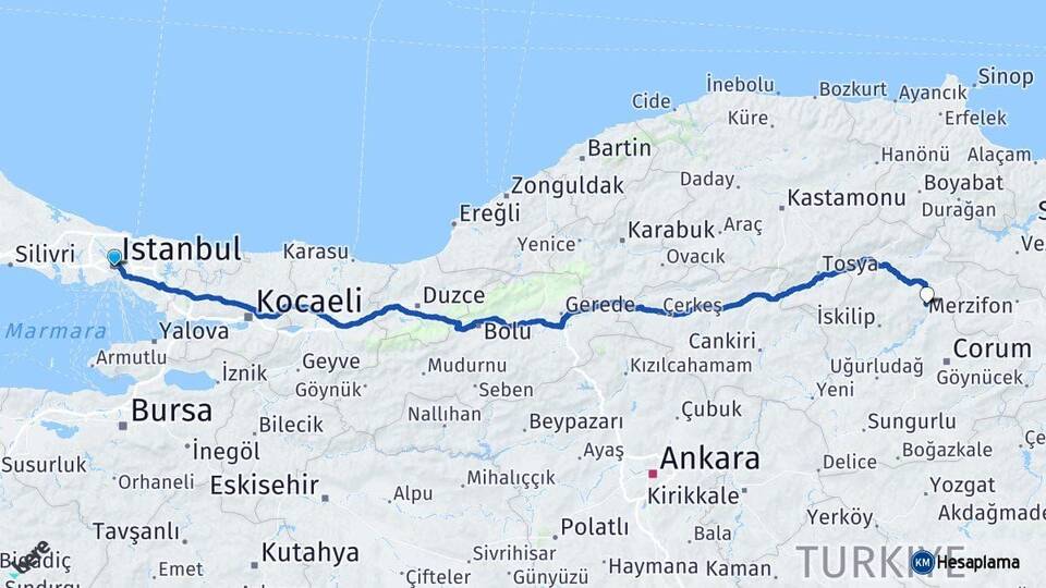 İstanbul Dodurga Çorum Arası Kaç Km - Yol Haritası