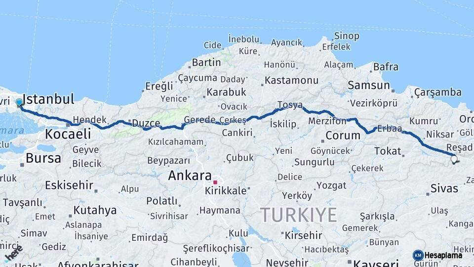 İstanbul Doğanşar Sivas Arası Kaç Km - Yol Haritası