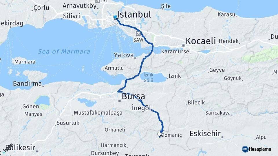 İstanbul Domaniç Kütahya Arası Kaç Km - Yol Haritası