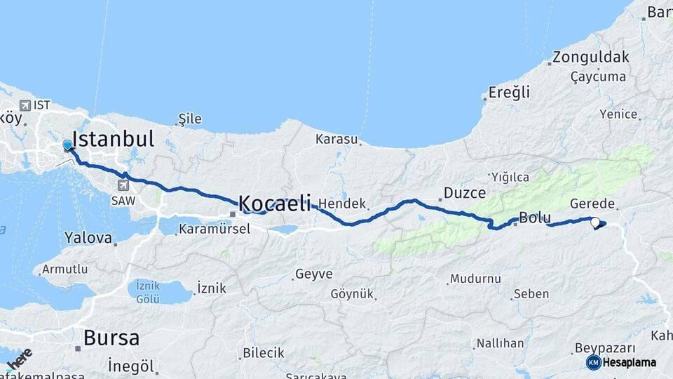 İstanbul Dörtdivan Bolu Arası Kaç Km - Yol Haritası