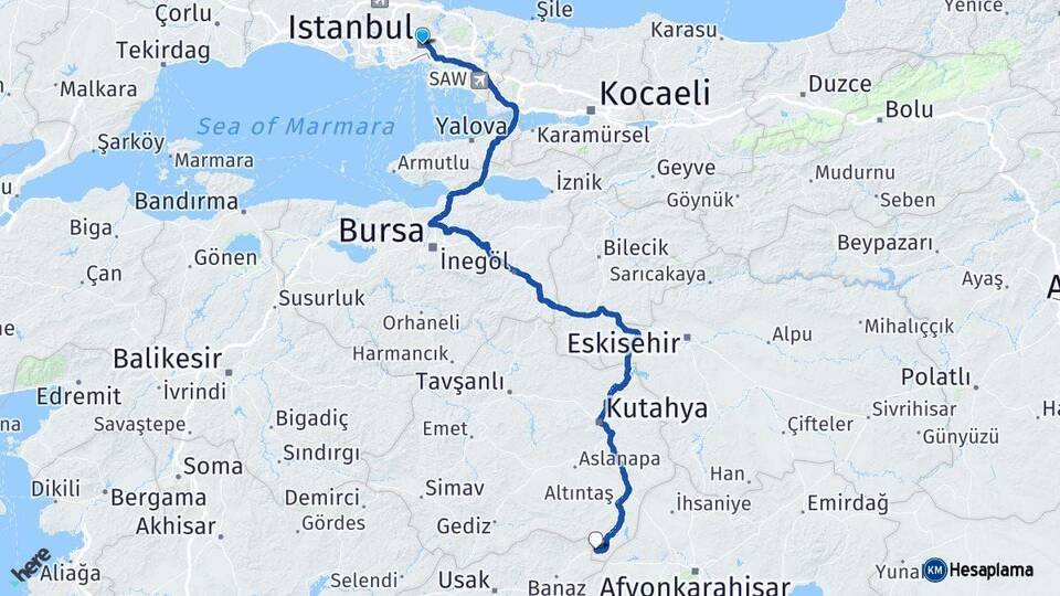 İstanbul Dumlupınar Kütahya Arası Kaç Km - Yol Haritası