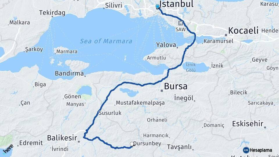 İstanbul Dursunbey Balıkesir Arası Kaç Km - Yol Haritası