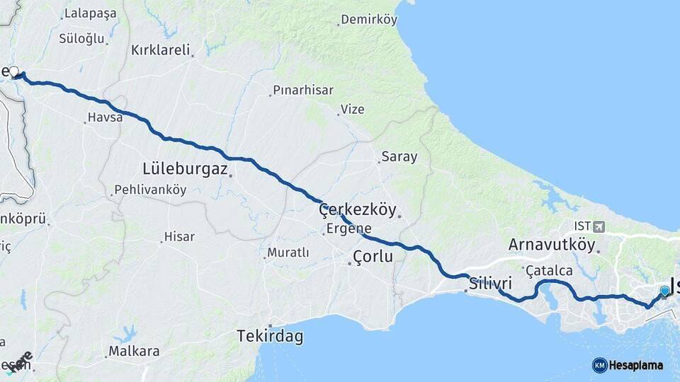 İstanbul Edirne Arası Kaç Km - Yol Haritası