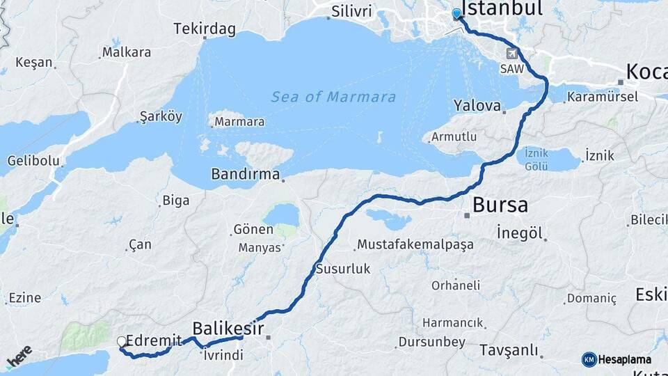 İstanbul Edremit Balıkesir Arası Kaç Km - Yol Haritası
