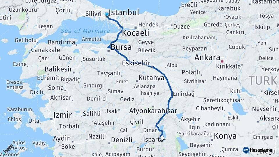 İstanbul Eğirdir Isparta Arası Kaç Km - Yol Haritası