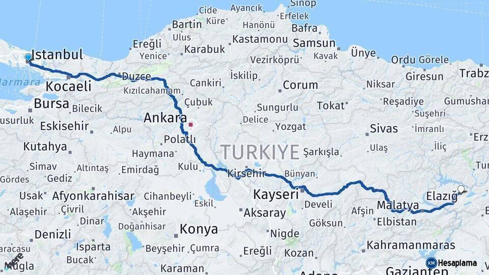 İstanbul Elazığ Arası Kaç Km - Yol Haritası