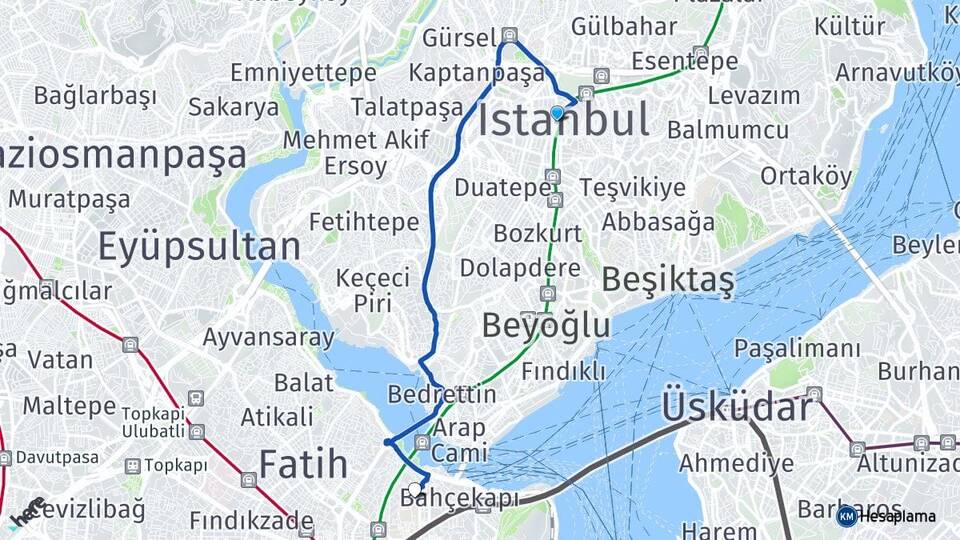 İstanbul Eminönü Fatih Arası Kaç Km - Yol Haritası