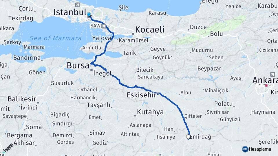 İstanbul Emirdağ Afyonkarahisar Arası Kaç Km - Yol Haritası