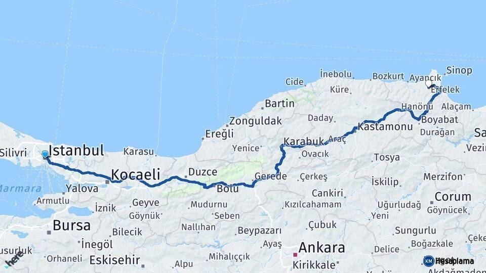İstanbul Erfelek Sinop Arası Kaç Km - Yol Haritası