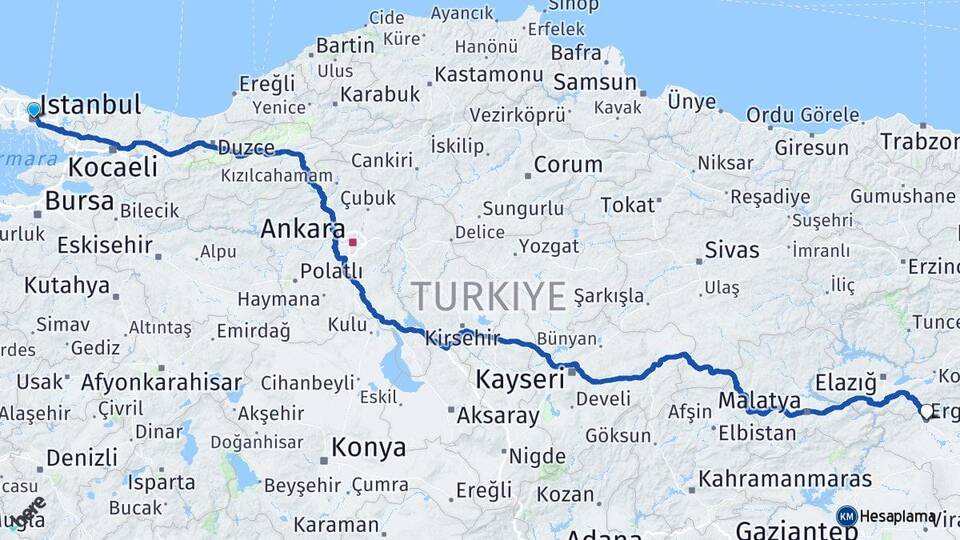İstanbul Ergani Diyarbakır Arası Kaç Km - Yol Haritası