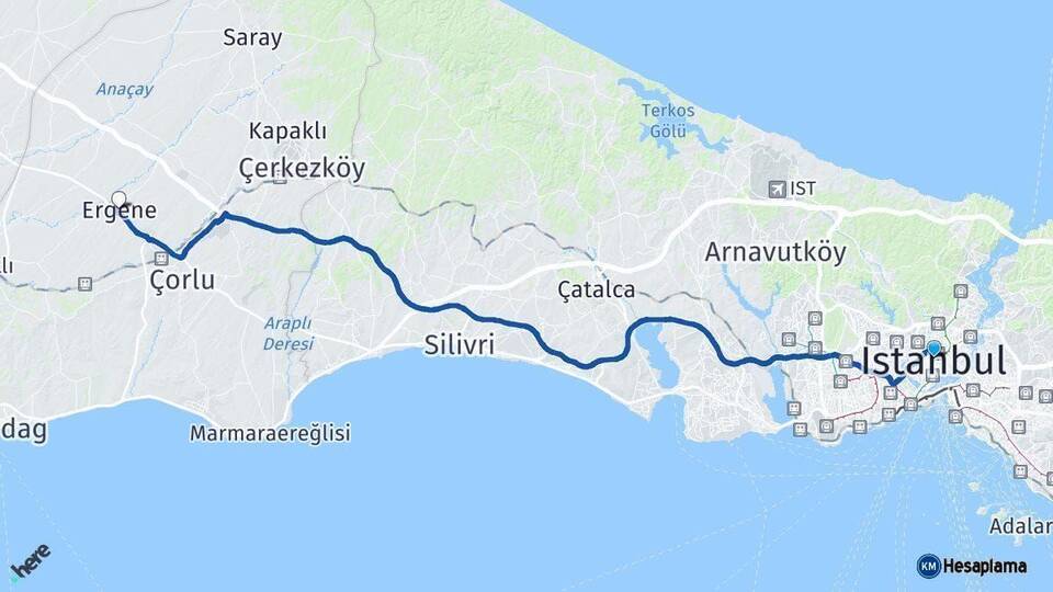 İstanbul Ergene Tekirdağ Arası Kaç Km - Yol Haritası