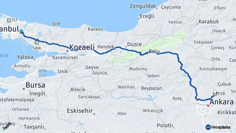 İstanbul Esenboğa Havalimanı Arası Kaç Km - Yol Haritası