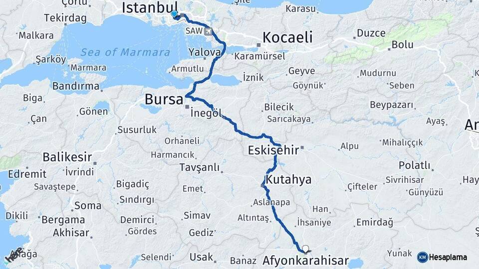 İstanbul Esenler Afyonkarahisar Arası Kaç Km - Yol Haritası