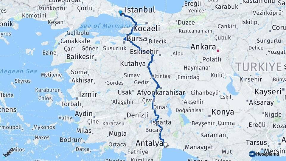 İstanbul Esenler Antalya Arası Kaç Km - Yol Haritası