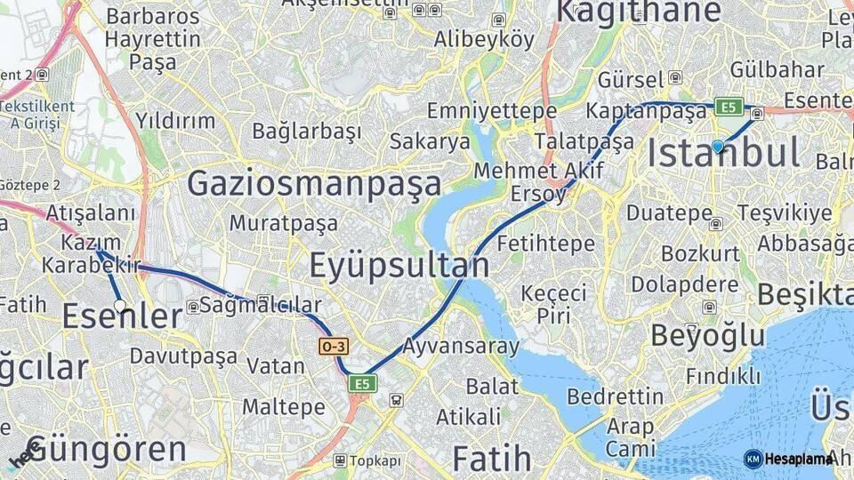 İstanbul Esenler Arası Kaç Km - Yol Haritası