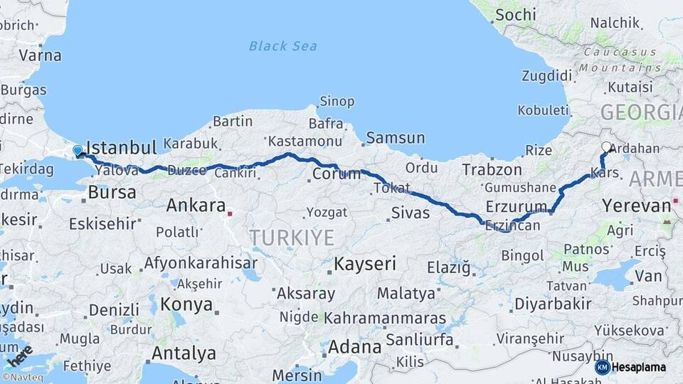 İstanbul Esenler Ardahan Arası Kaç Km - Yol Haritası