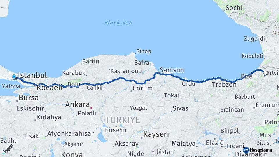 İstanbul Esenler Artvin Arası Kaç Km - Yol Haritası