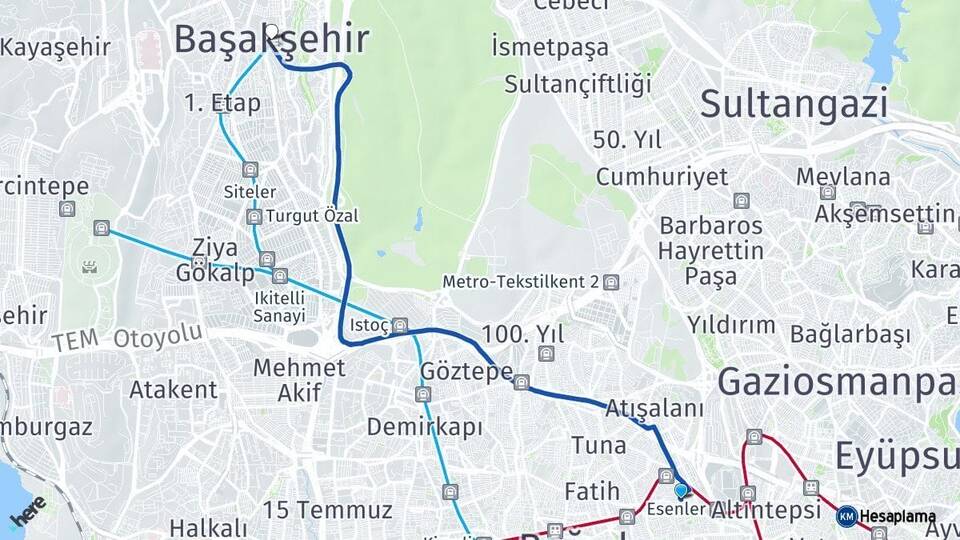 İstanbul Esenler Başakşehir Arası Kaç Km - Yol Haritası