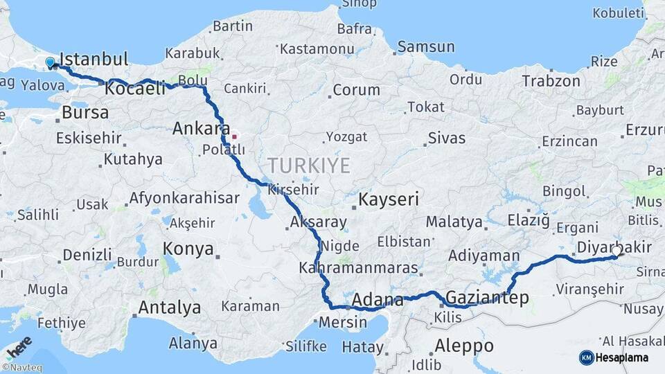 İstanbul Esenler Batman Arası Kaç Km - Yol Haritası