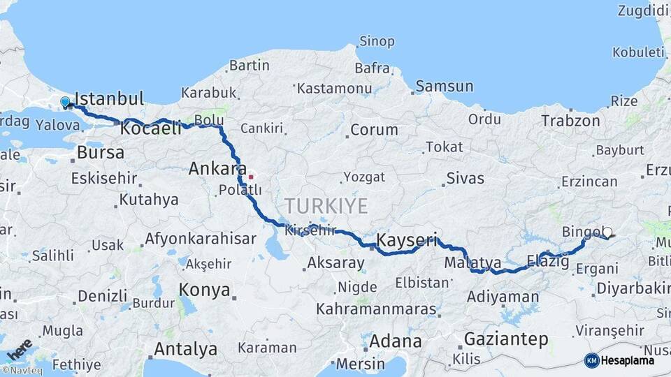 İstanbul Esenler Bingöl Arası Kaç Km - Yol Haritası