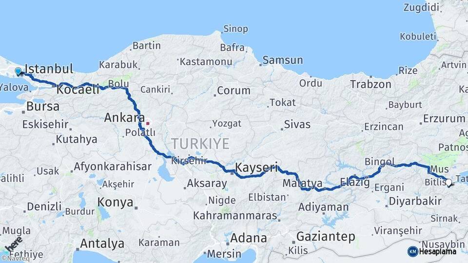 İstanbul Esenler Bitlis Arası Kaç Km - Yol Haritası