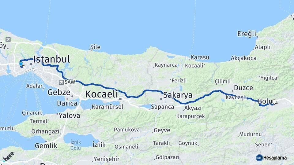 İstanbul Esenler Bolu Arası Kaç Km - Yol Haritası