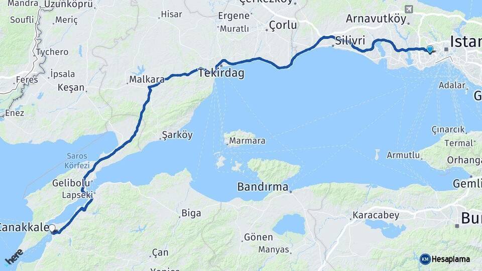 İstanbul Esenler Çanakkale Arası Kaç Km - Yol Haritası