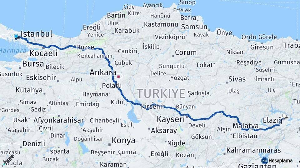 İstanbul Esenler Elazığ Arası Kaç Km - Yol Haritası
